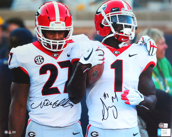 Sony Michel/Nick Chubb Autographed Georgia Bulldogs Side By Side Close Up 16x20 Photo- Beckett W *Black Image 1