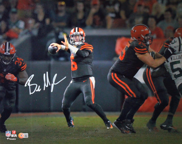 Baker Mayfield Autographed Cleveland Browns 16x20 Spotlight Passing Photo- Beckett W Hologram *White