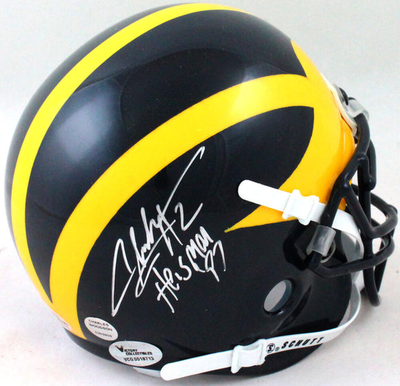 Charles Woodson Autographed Michigan Wolverines Schutt Mini Helmet w/Heisman-Beckett *Silver