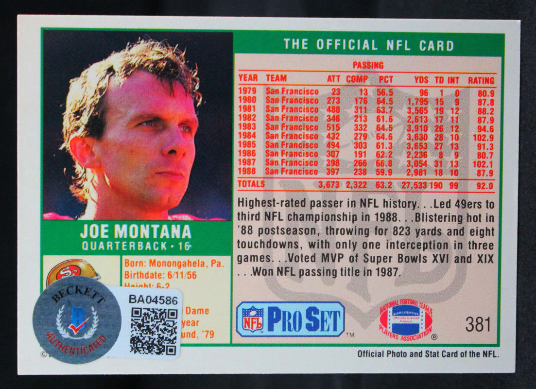 Joe Montana Autographed Signed 1989 Pro Set #381 San Francisco 49Ers  Autograph Beckett Auth