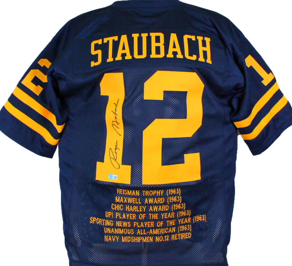 Roger Staubach Autographed Navy Blue College Style Jersey w/ Heisman- – The  Jersey Source