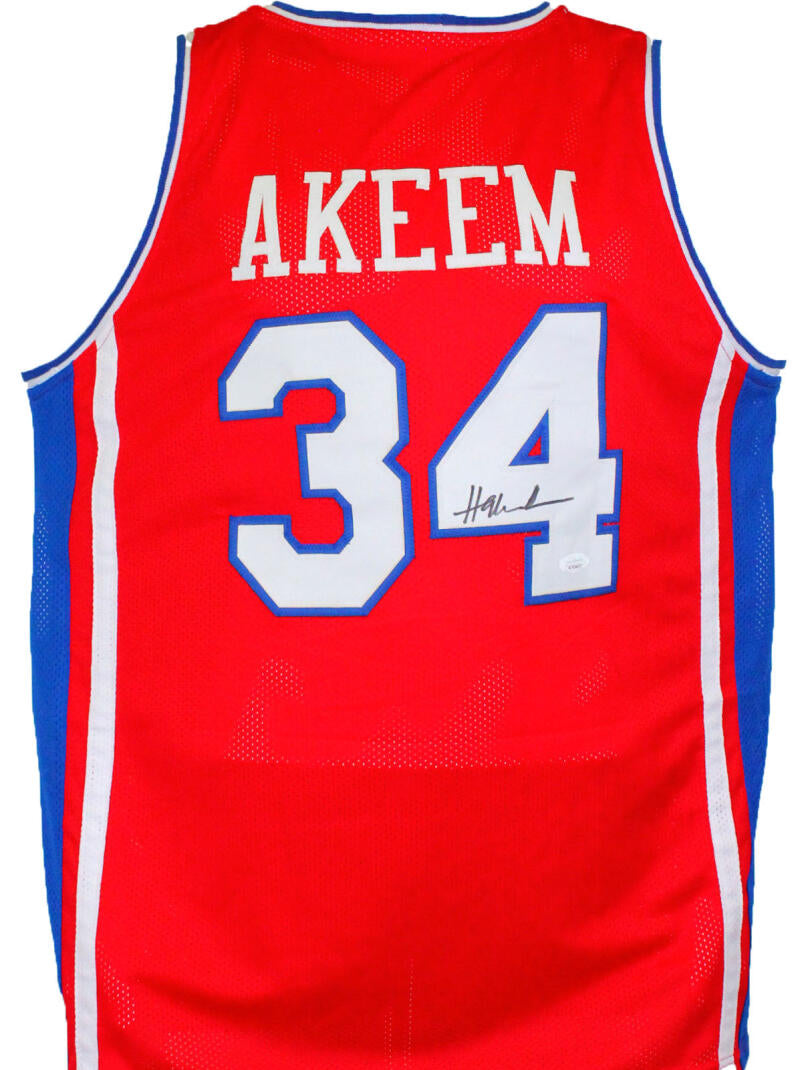 Hakeem Olajuwon Autographed White Stat Pro Jersey- JSA W *Black