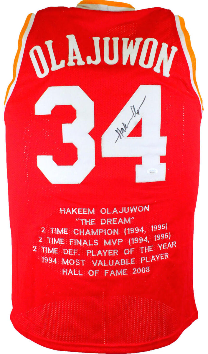 Hakeem Olajuwon Autographed White Stat Pro Jersey- JSA W *Black