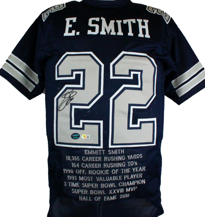 Emmitt Smith Autographed White Pro Style STAT Jersey- Beckett W