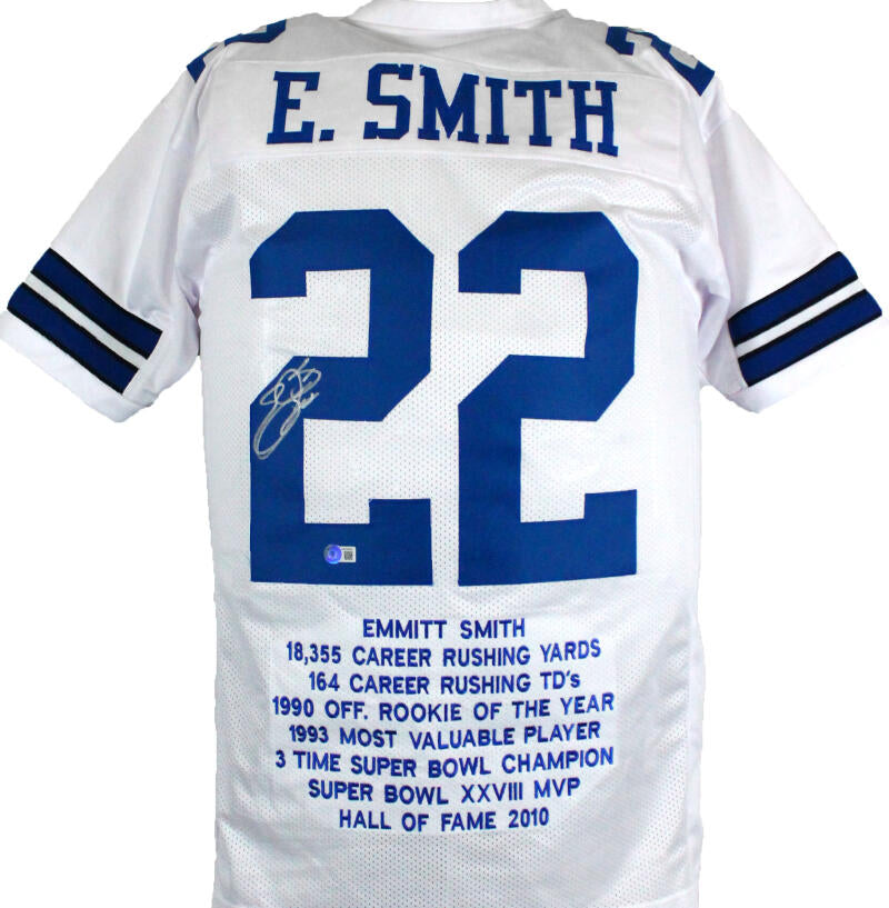 The Jersey Source Emmitt Smith Autographed White/Blue Pro Style Jersey- Beckett W Hologram *Black