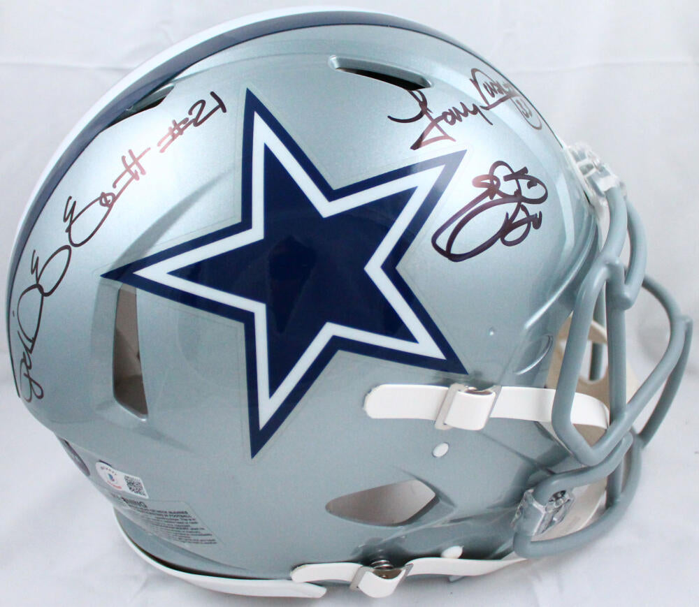 Emmitt Smith, Tony Dorsett & Ezekiel Elliott Autographed Dallas Cowboys  Full Size Helmet