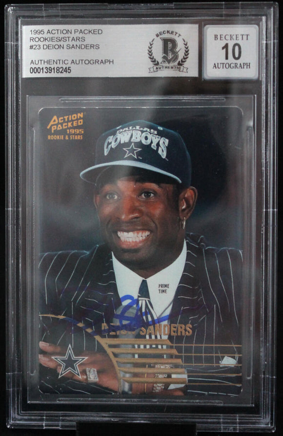 1995 Action Packed Rookies/Stars #23 Deion Sanders Cowboys BAS Autograph 10  Image 1