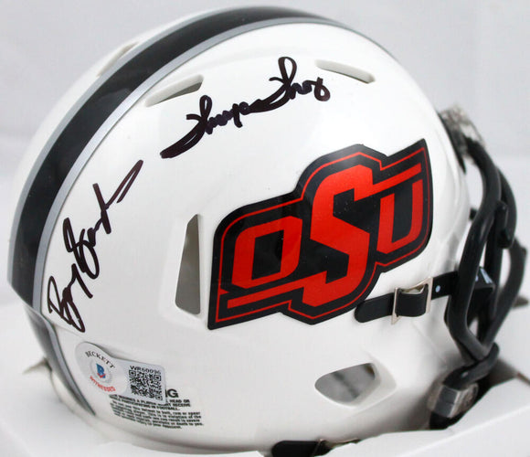 Barry Sanders Thurman Thomas Autographed OSU Cowboys Speed Mini Helmet-Beckett W Hologram *Black Image 1