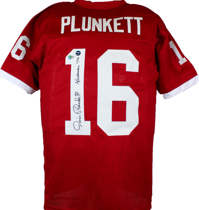 Jim Plunkett Autographed Red College Style Jersey w/Heisman-Beckett W  Hologram *Black