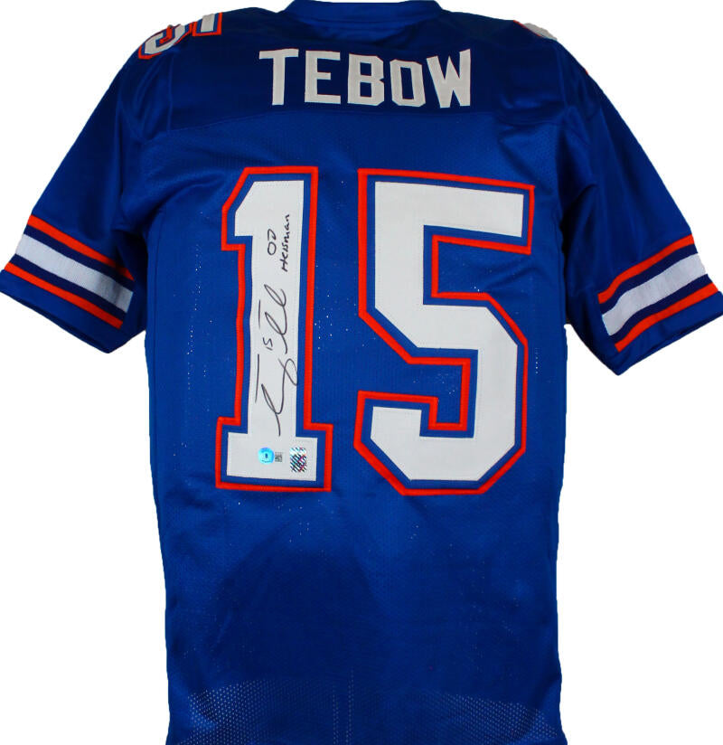 Tim Tebow Autographed Blue College Style Jersey w/Heisman-Beckett