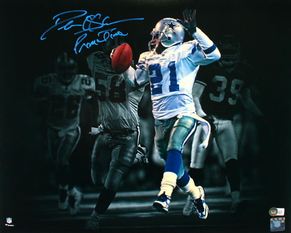 Deion Sanders Autographed Dallas Cowboys 16x20 FP Spotlight Photo  w/Primetime-Beckett W Hologram *Blue