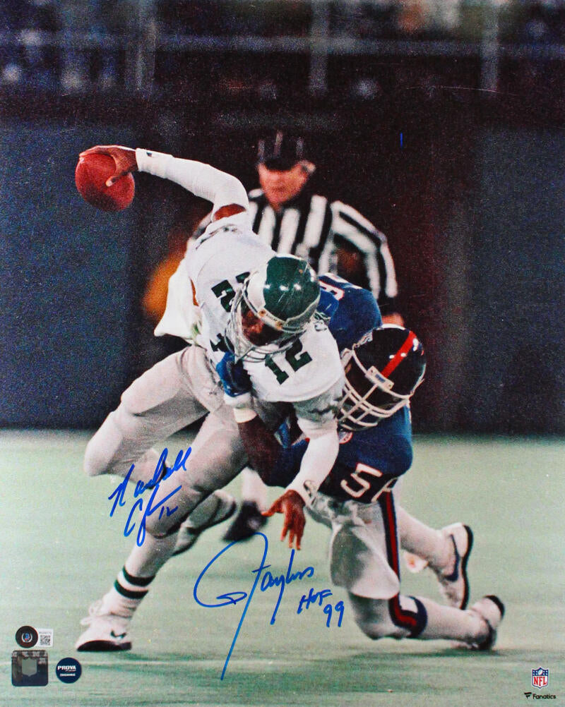 Lawrence Taylor Randall Cunningham Signed 16X20 FP Sack Photo w/HOF-Beckett  W Hologram *Blue