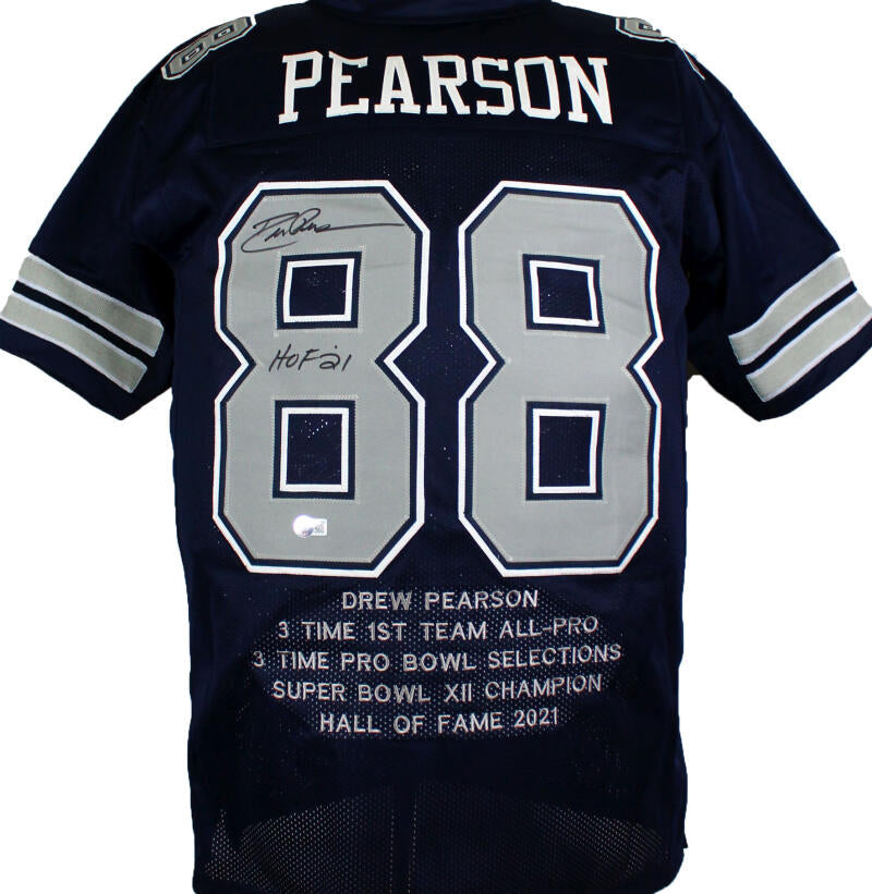 DREW PEARSON Signed Stat Blue Jersey DALLAS COWBOYS Hall Of Fame 2021