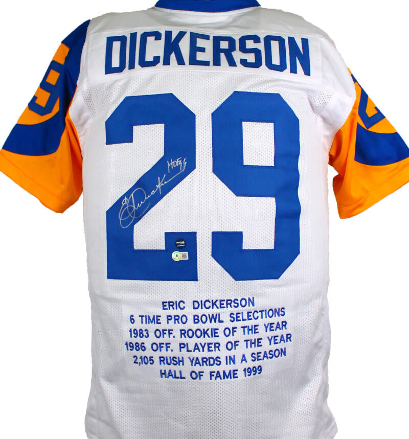 The Jersey Source Eric Dickerson Autographed White Pro Style Stat Jersey w/ HOF - Beckett W Hologram *Silver