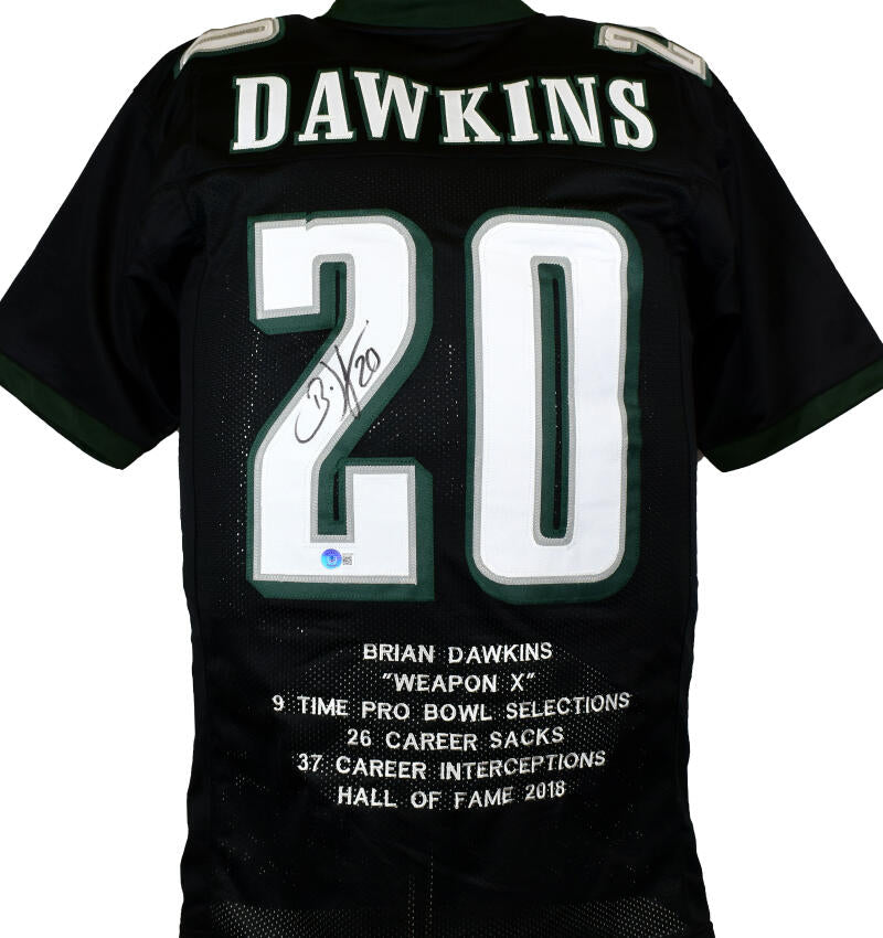 Brian Dawkins Autographed Black Pro Style STAT Jersey - Beckett W Holo –  The Jersey Source