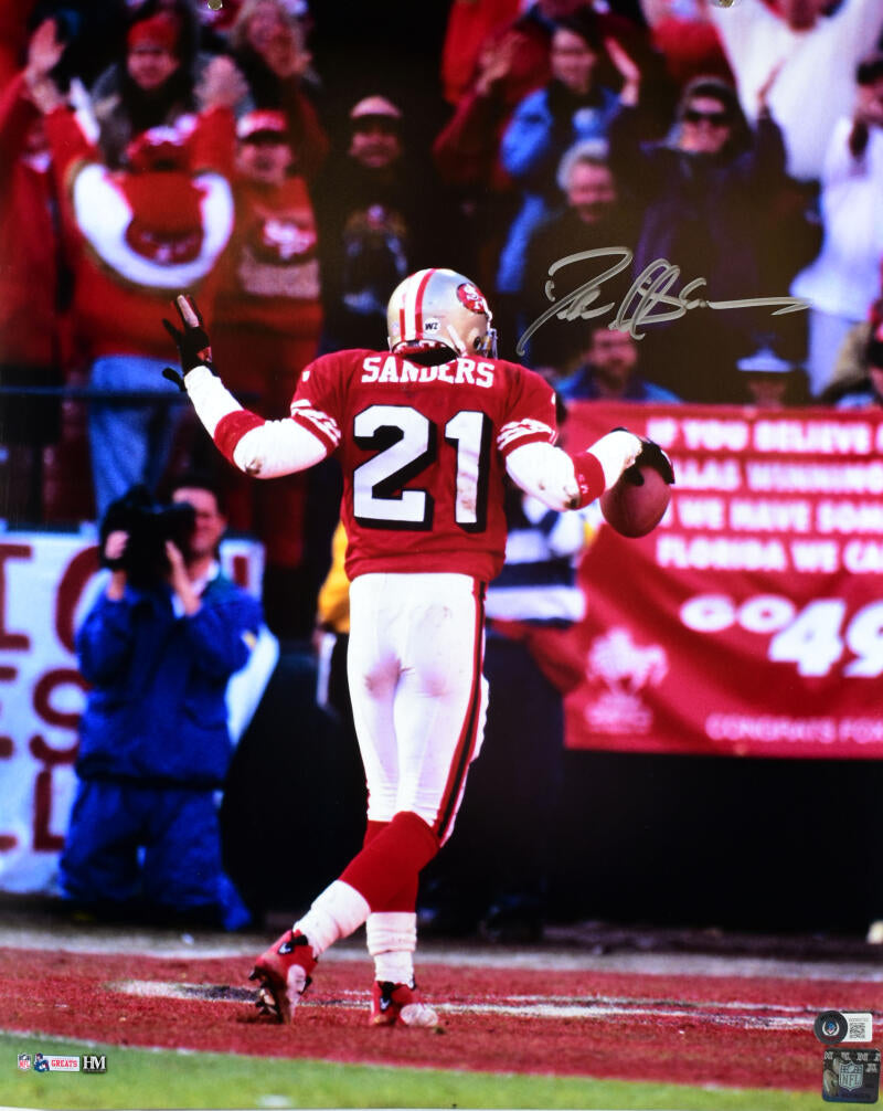 Deion Sanders Autographed 49ers 16x20 Back TD HM Photo- Beckett W