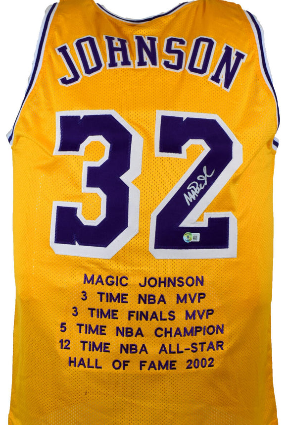 Magic Johnson Autographed Gold Pro Style STAT Jersey-Beckett W Hologram *Silver Image 1