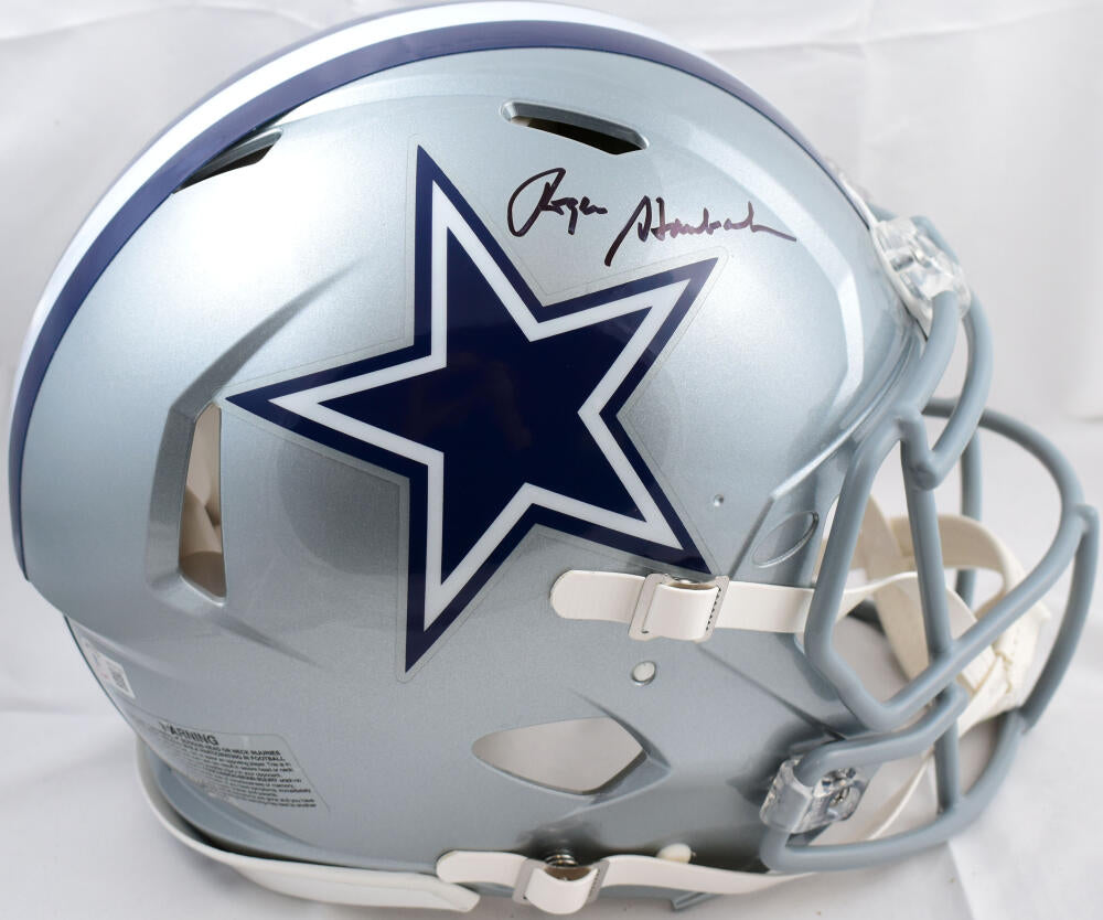 Roger Staubach Autographed Dallas Cowboys Salute To Service Camo Full Size  Replica Speed Helmet Beckett BAS Witness Stock #212596