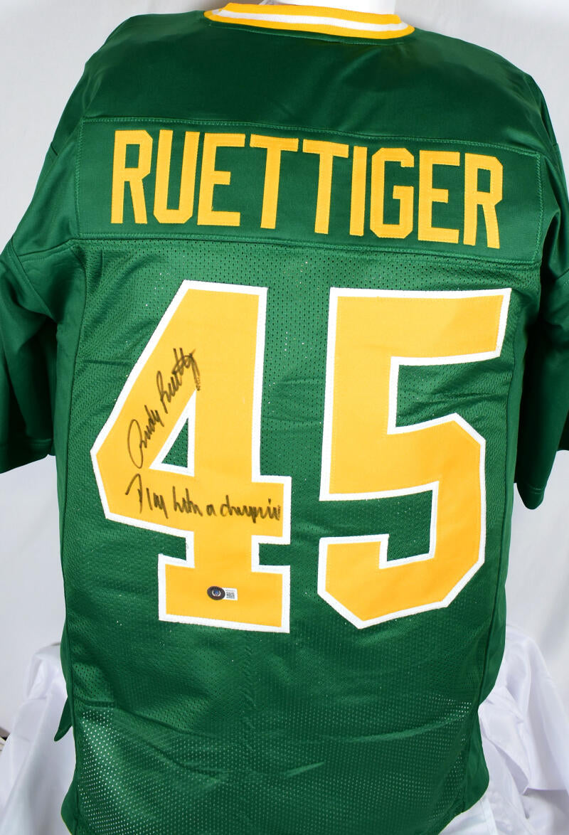 Rudy Ruettiger Autographed Green College Style Jersey w/Play Like a Champ-  Beckett W Hologram *Black
