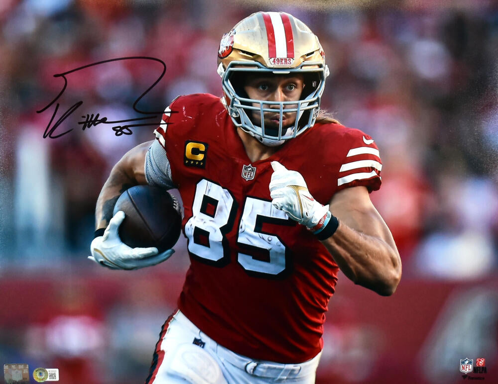 George Kittle San Francisco 49ers Autographed Framed 8 x 10 Scarlet Jersey  Running with the Ball Photograph