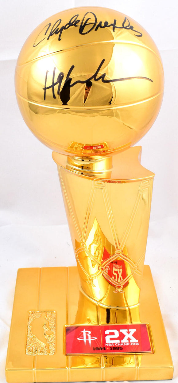 Hakeem Olajuwon Clyde Drexler Houston Rockets Autographed 12'' Mini NBA Trophy- Beckett W Hologram *Black Image 1