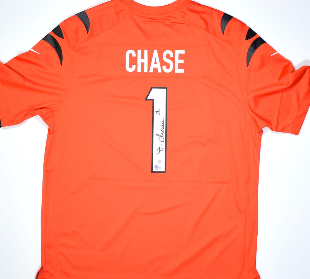 Press Pass Collectibles Bengals Ja'Marr Chase Authentic Signed Orange Nike Game Jersey BAS Witnessed