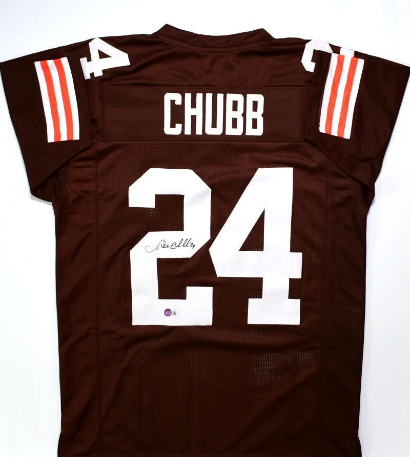 Nick Chubb Autographed Brown w/ White # Pro Style Jersey *2