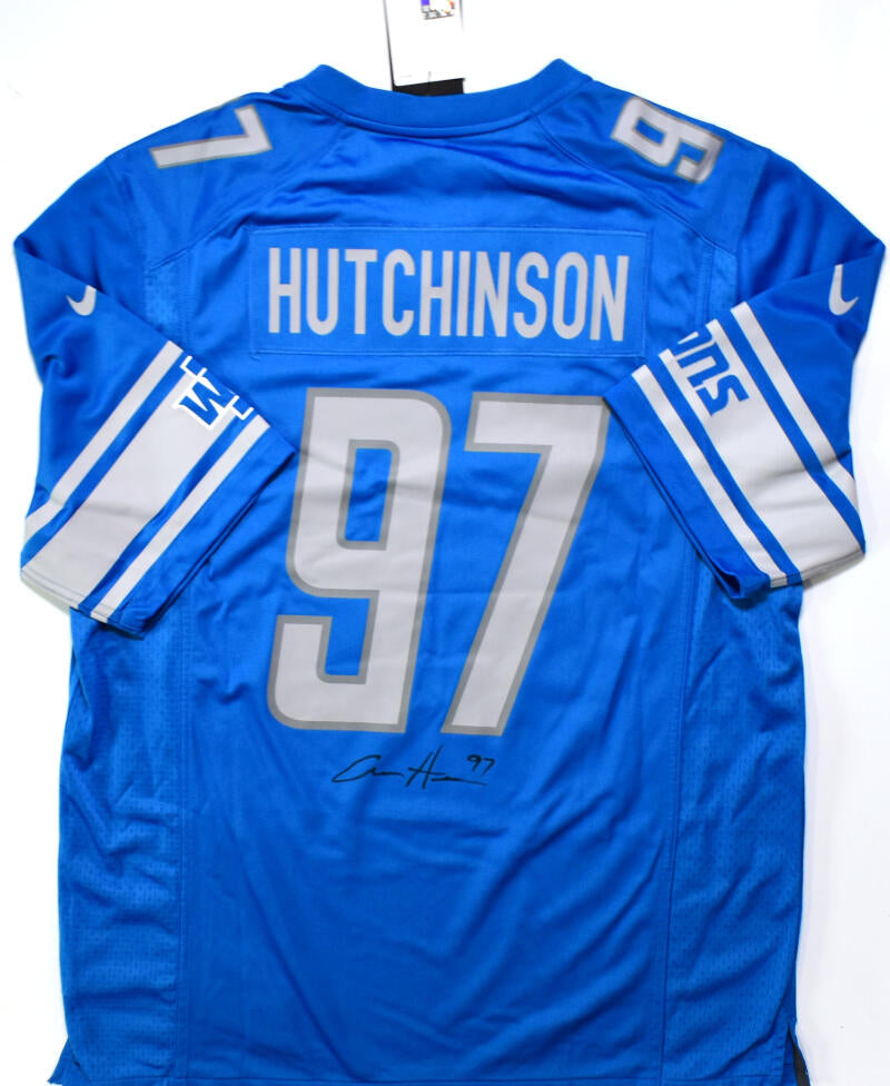 Aidan Hutchinson Autographed/Signed College Style Blue XL Jersey