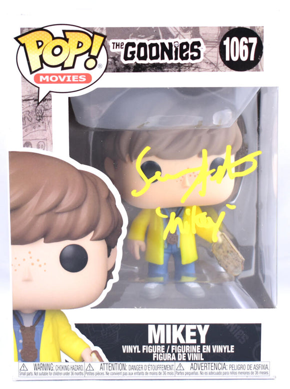 Sean Astin Autographed The Goonies Mikey Funko Pop Figurine #1067- Beckett W Hologram *Yellow Image 1