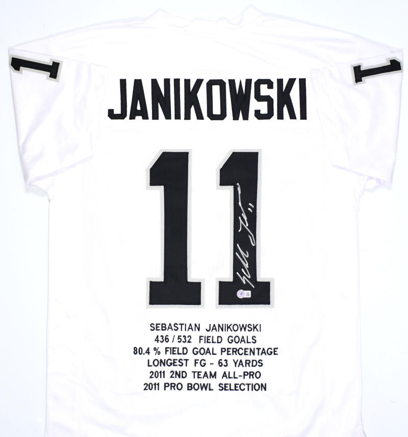 Sebastian Janikowski Autographed White Pro Style STAT Jersey