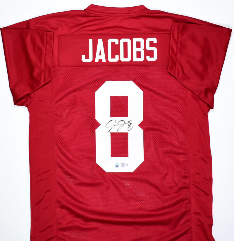 Josh Jacobs Autographed Crimson College Style Jersey- Beckett W