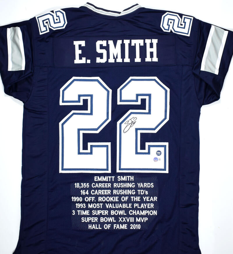 The Jersey Source Emmitt Smith Autographed White/Blue Pro Style Jersey- Beckett W Hologram *Black