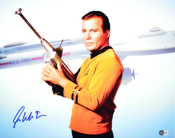 William Shatner Autographed Star Trek 16x20 w/ Space Gun Photo - Beckett W Hologram *Blue Image 1