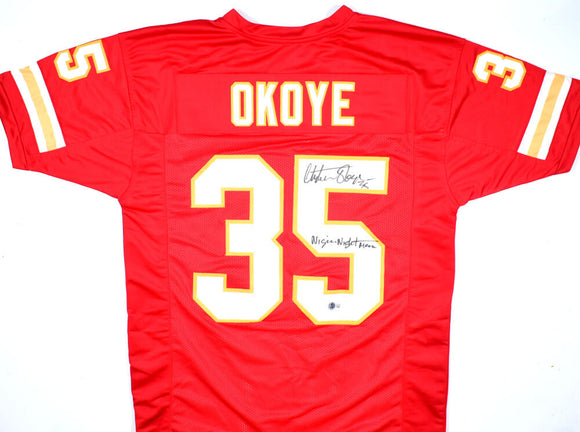 Christian Okoye Autographed Red Pro Style Jersey w/ Nigerian Nightmare - Beckett W Hologram *Black Image 1