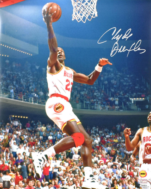 Clyde Drexler Autographed Houston Rockets 16x20 Lay Up Photo - JSA W *Silver Image 1