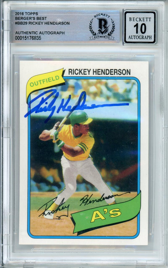 2016 Topps Berger's Best #BB29 Rickey Henderson RC REPRINT Oakland A's BAS Autograph 10 Image 1