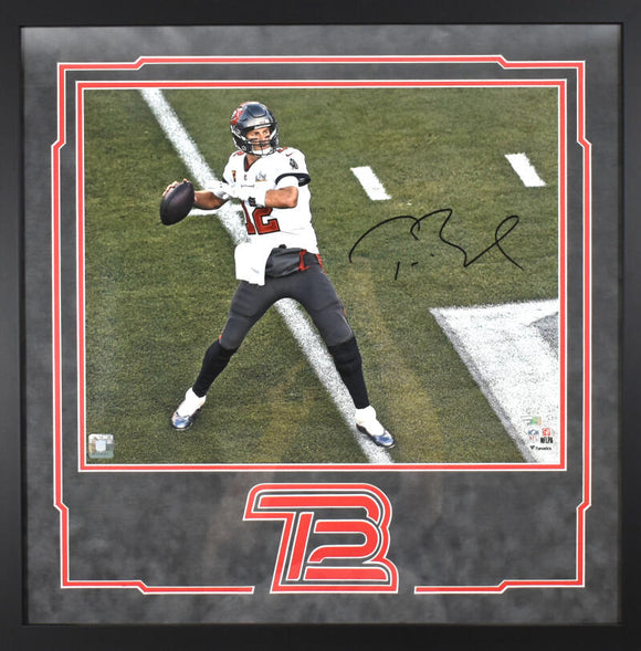 Tom Brady Autographed Tampa Bay Buccaneers 16X20 Framed Passing Photo - Fanatics/LOA *Black Image 1