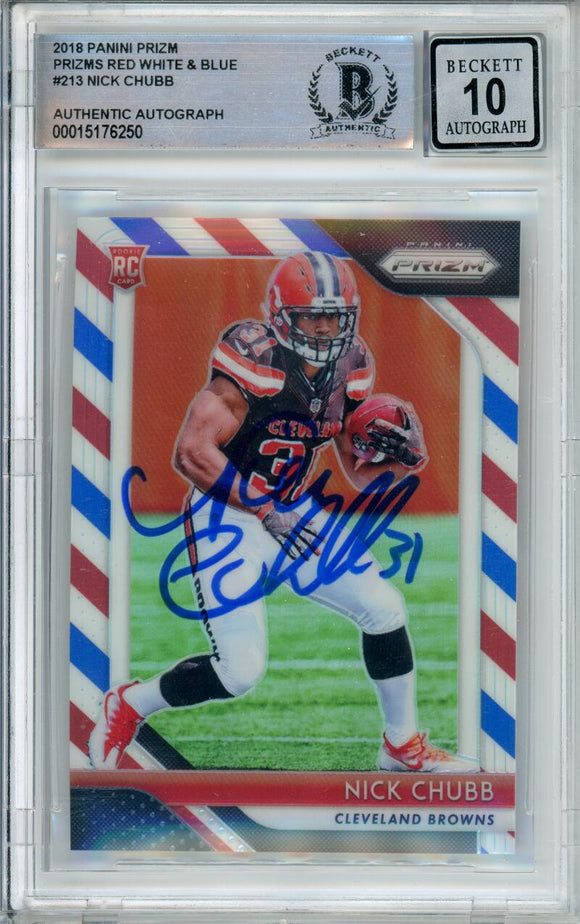 2018 Panini Prizm Red, White, & Blue #213 Nick Chubb RC Cleveland Browns BAS Autograph 10  Image 1