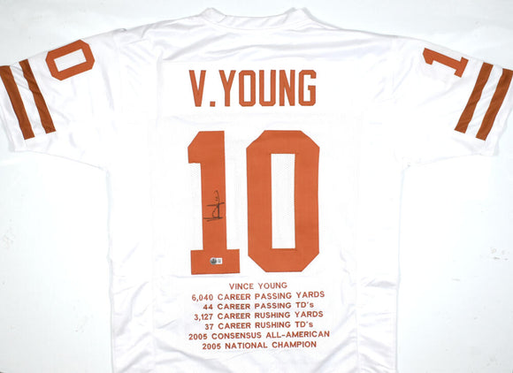 Vince Young Autographed White College Style STAT Jersey - Beckett W Hologram *Black Image 1