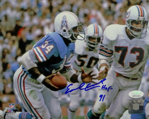 Earl Campbell Signed Oilers 8x10 Photo Vs. Dolphins PF w/HOF- JSA W Auth *Blue