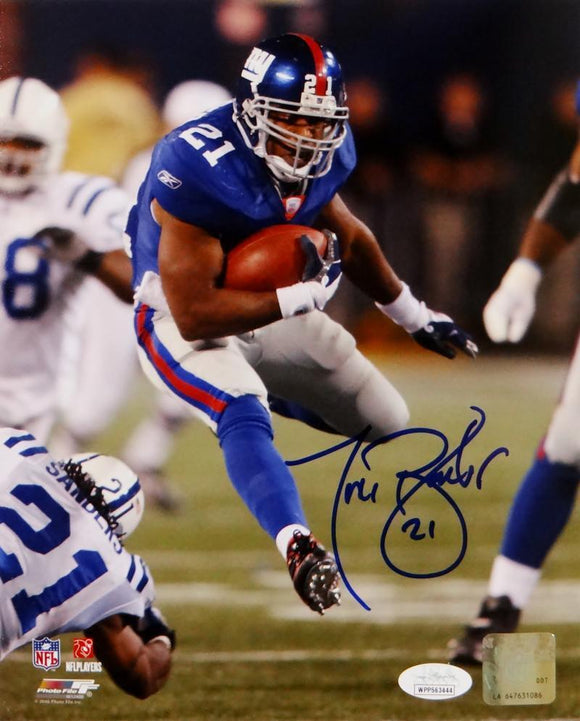 Tiki Barber Autographed New York Giants 8x10 Hurdling PF Photo- JSA W Auth *Blue