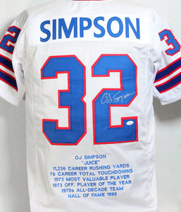 O. J. Simpson Autographed White Pro Style STAT Jersey - JSA W Auth *2