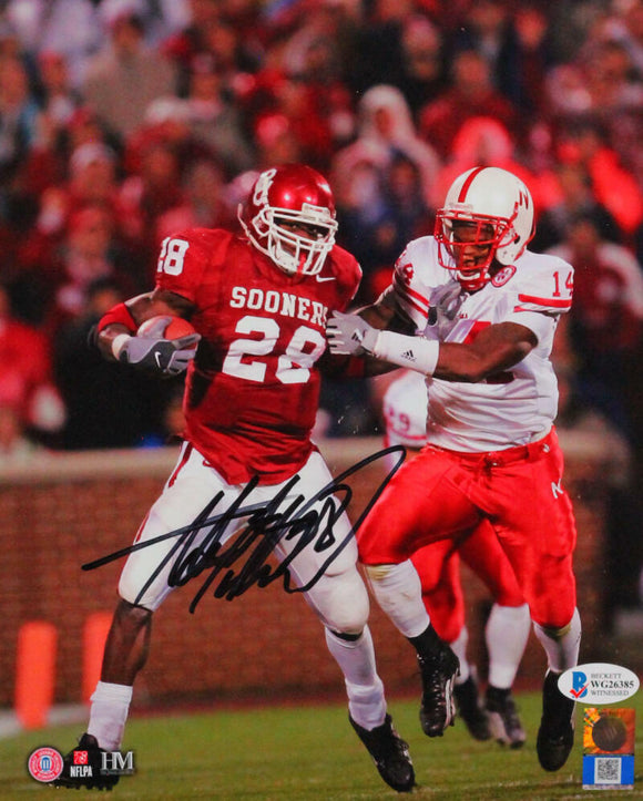 Adrian Peterson Signed Oklahoma Sooners 8x10 HM Photo vs Nebraska - Beckett Wit