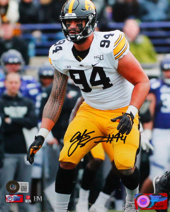 AJ Epenesa Autographed Iowa In Stance Close Up 8x10 HM Photo- Beckett W *Black