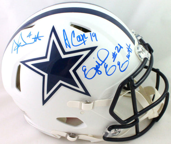 Prescott/Cooper/Elliott Signed Cowboys FS Flat White Authentic Helmet- Beckett W