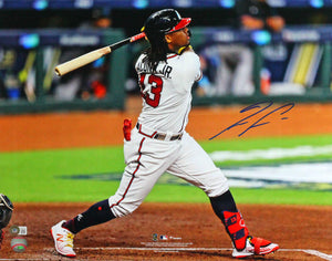 Ronald Acuna Signed ATL Braves Batting w/ Long Hair 16x20 Photo- Beckett W *Blue