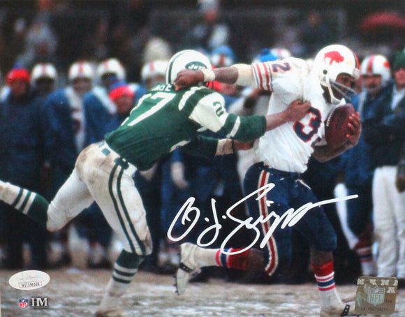 OJ Simpson Signed Buffalo Bills Vs Jets Stiff Arm 8x10 HM Photo- JSA W *White