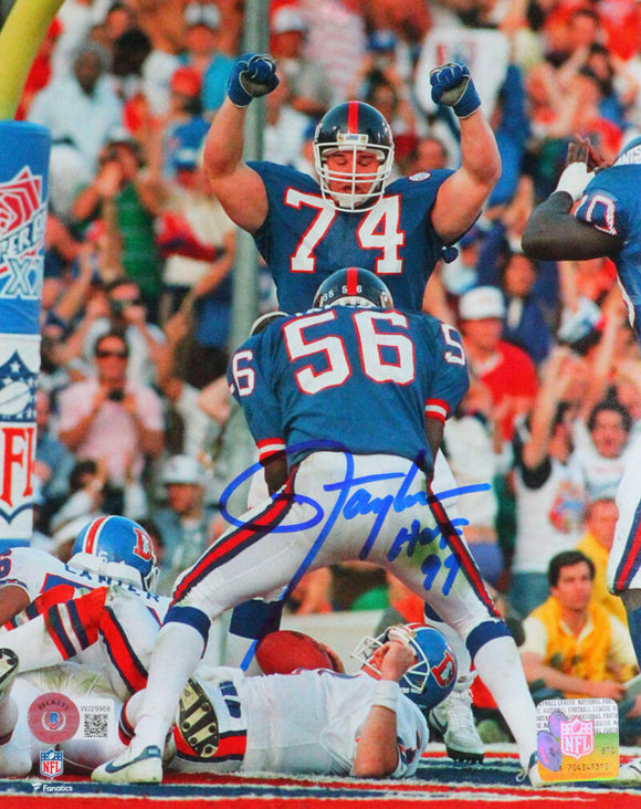 Lawrence Taylor Autographed NY Giants Sack 8X10 Photo w/ HOF- Beckett W *Blue