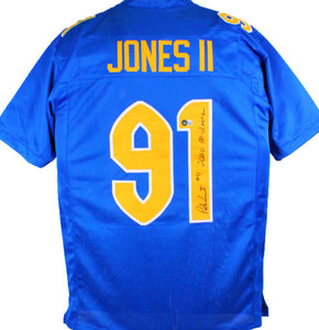 Patrick Jones Autographed Blue College Style Jersey w/ Insc- Beckett W Hologram *Black