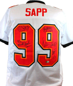 Warren Sapp Autographed White Pro Style Jersey w/4 Insc- Beckett W Hologram *Blk